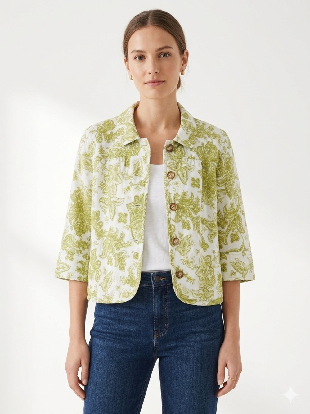 Charter Club Women's 100% Linen Floral Button Up Jacket Green White Size L